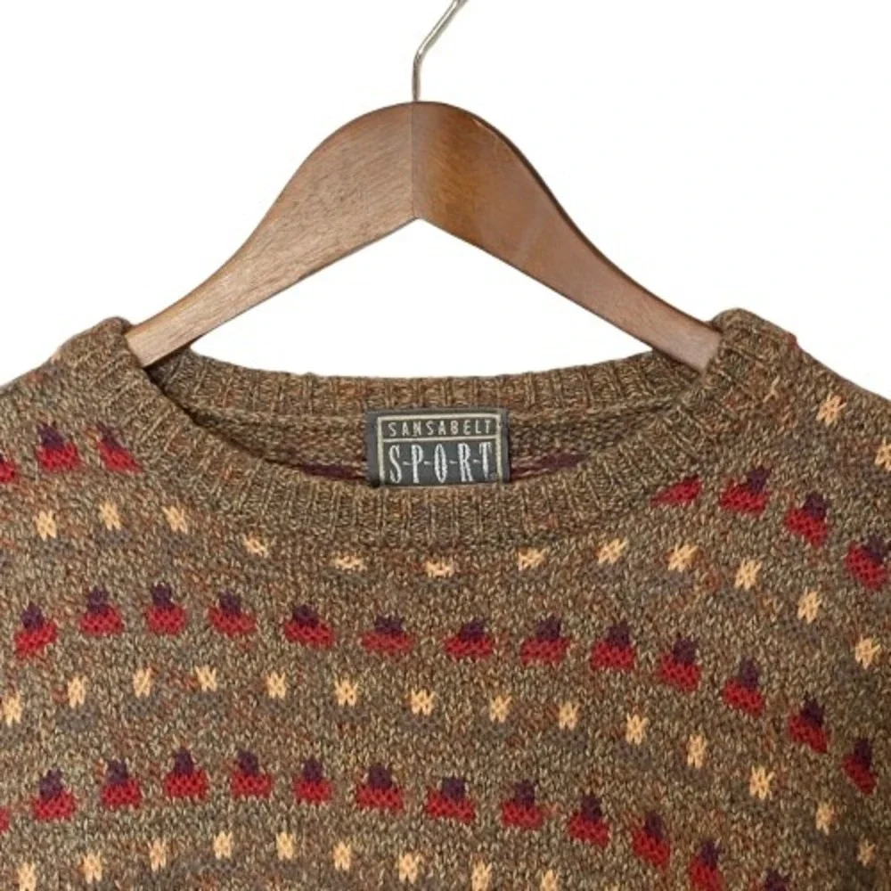 Vintage Mens Fair Isle Style Geometric Wool Blend Sweater M Brown Lodge Grandpa